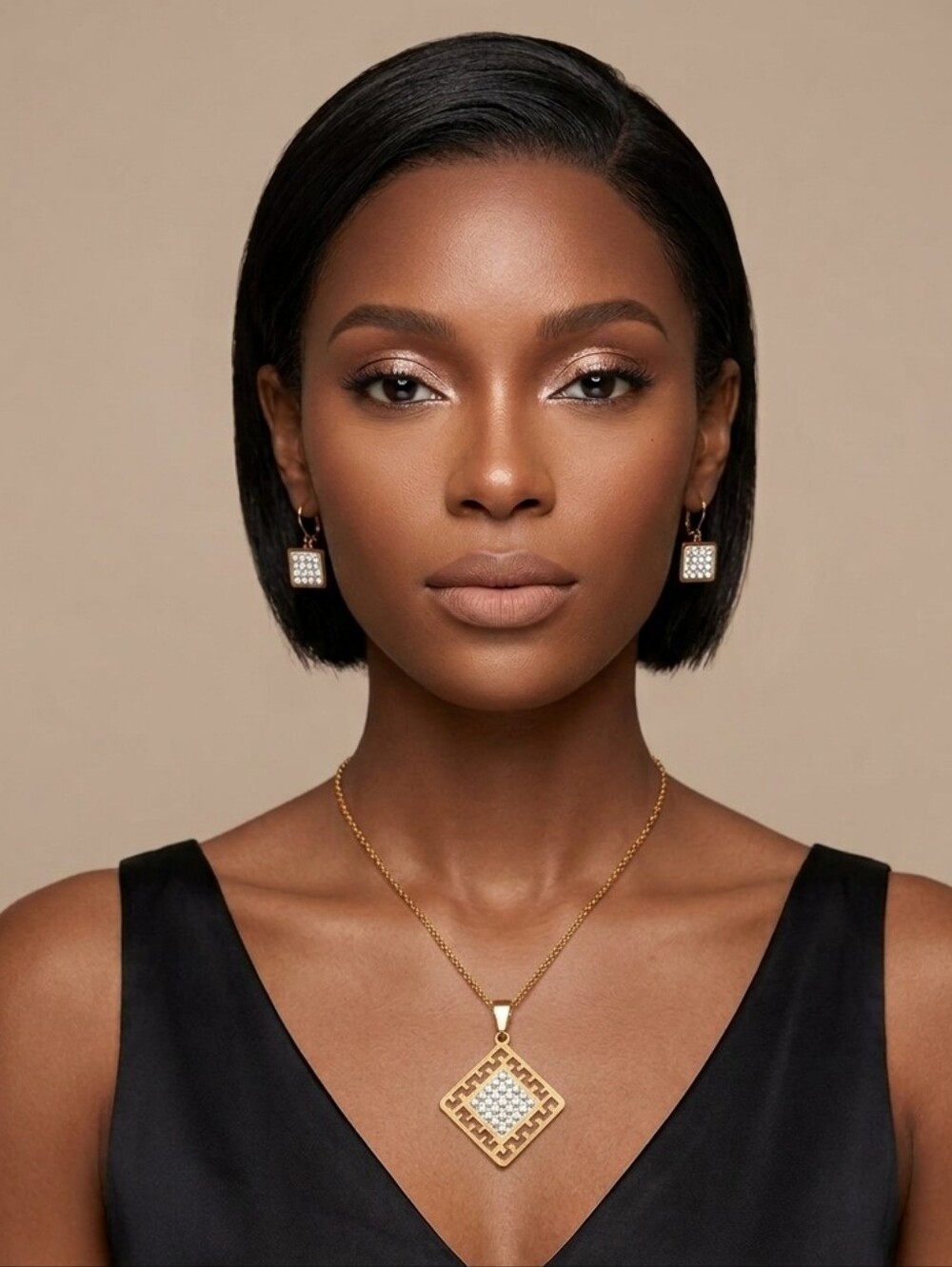 Set Gold-Tone Square Crystal Drop Earrings -  And Necklace Pendant Gold Plated